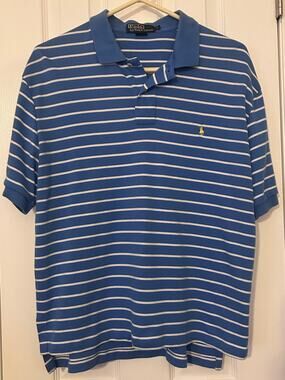 Polo Ralph Lauren Blue White Striped Polo Shirt Vintage Y2K Preppy Mens Size L